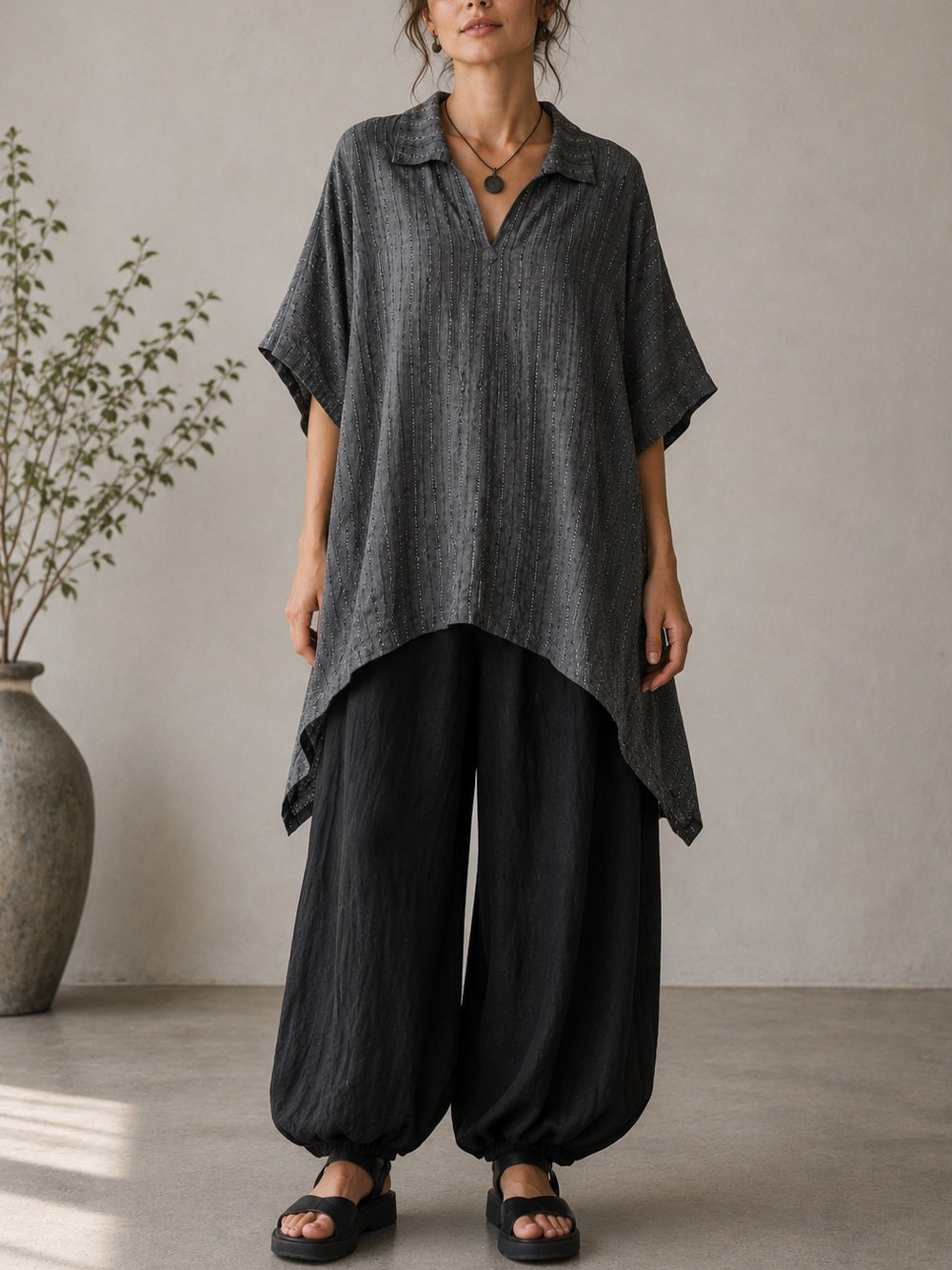 ESKANDAR Linen Blend Oversized Collared‎ Short Sleeve Tunic Top